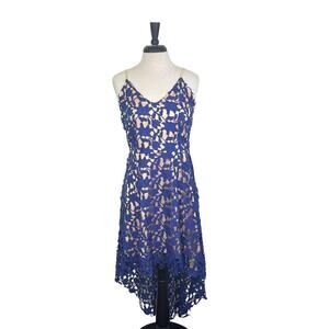 NEW Ashir Aley Royal Blue Cut Out Lace over Nude V-Neck Hi-Lo Dress Women's Sz L